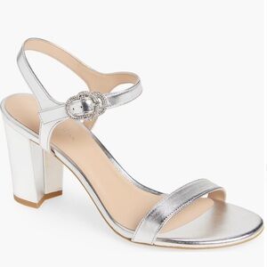 Stuart Weitzman, Crystal buckle 75 Silver Women's Block Heel Sandals; 7.5M.